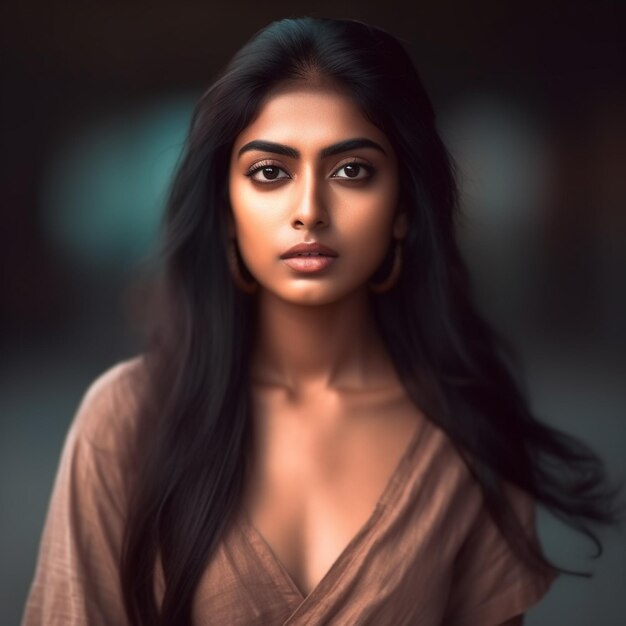 a woman with long hair and a brown shirt is standing in front of a dark background.