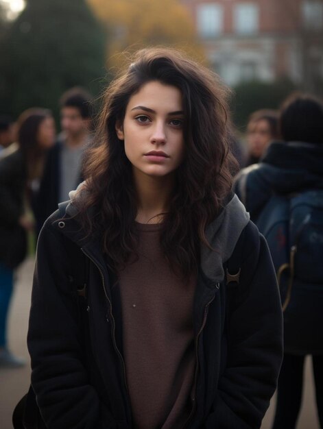 a woman with long hair and a brown shirt