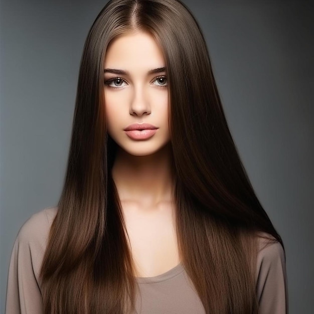 Photo a woman with long hair and a brown shirt