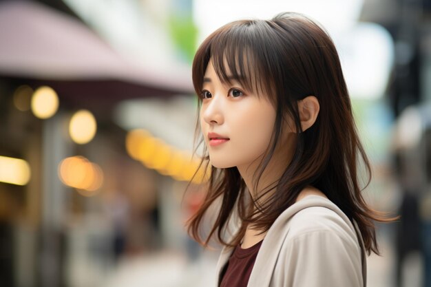 a woman with long hair and a brown shirt