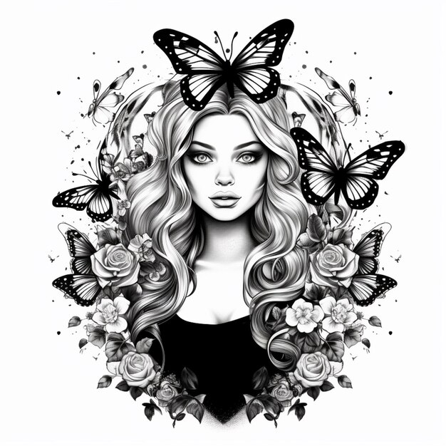 a woman with long hair and butterflies in her hair generative ai