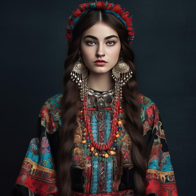 Женщина с длинными волосами и яркое платье с ожерельем и серьгами.
