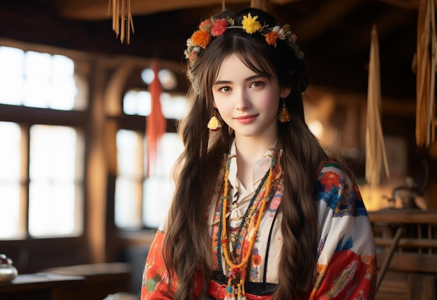 Woman With Long Hair in Colorful Dress