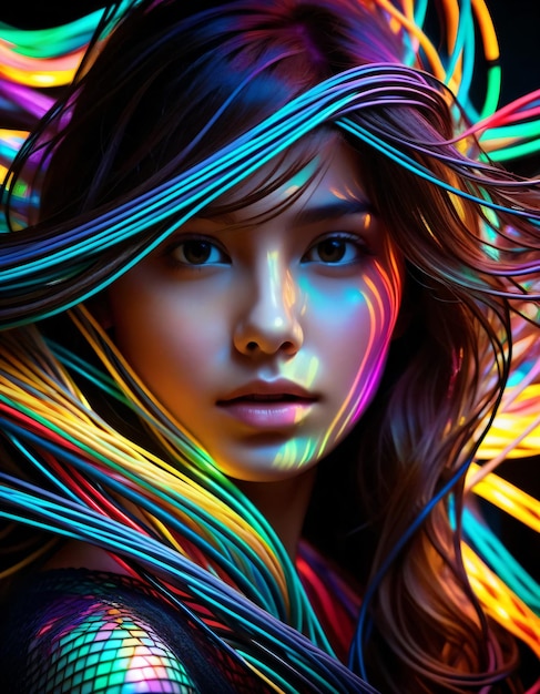 A woman with long hair and a colorful hair digital art photo realistic