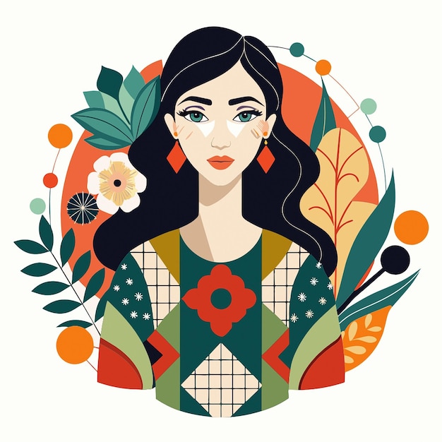 a woman with long hair and a colorful shirt is standing in a circle of flowers