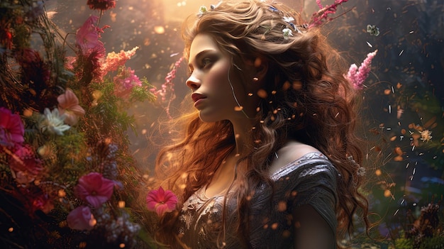 a woman with long hair and a crown is surrounded by flowers