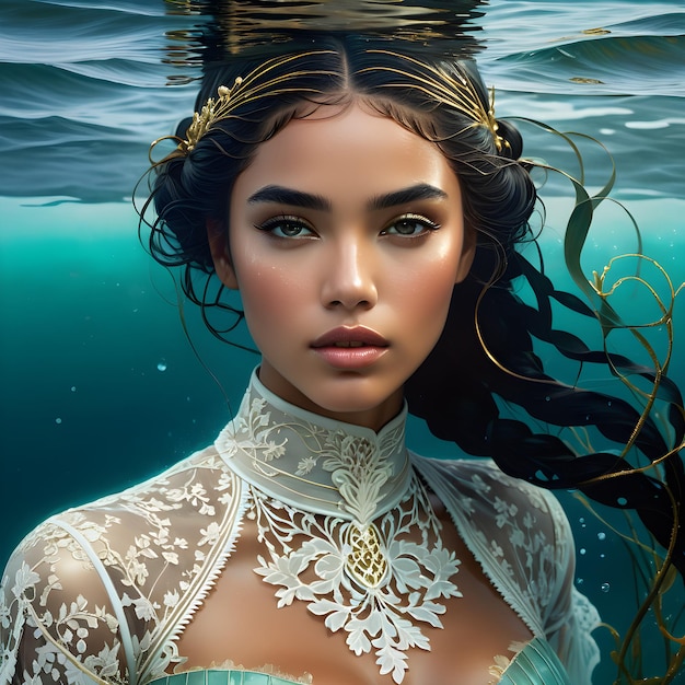 Photo a woman with long hair and a crown is under water