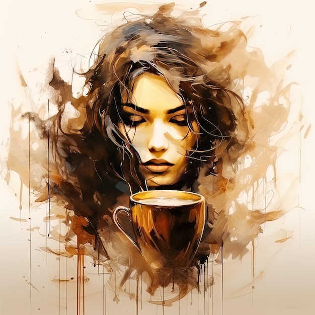 a woman with long hair and a cup of coffee
