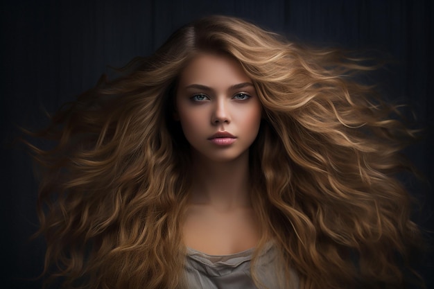 A woman with long hair and a dark background