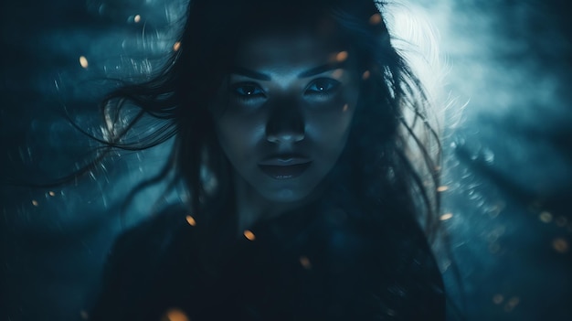 A woman with long hair in the dark