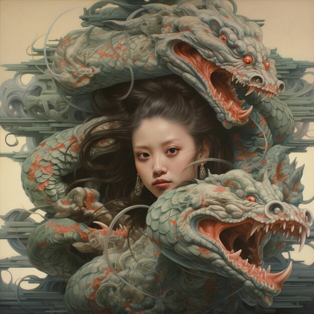A woman with long hair and a dragon head in a frame.