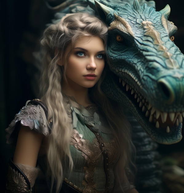 Photo a woman with long hair and a dragon