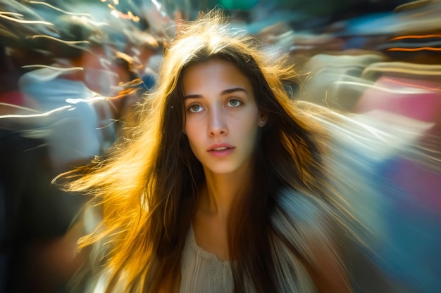 Woman with long hair and expression of wonder or surprise