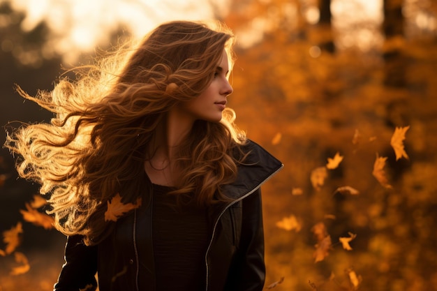 a woman with long hair in the fall