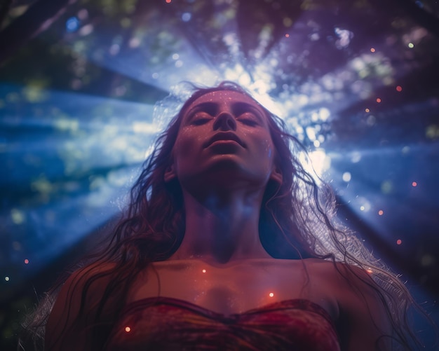 a woman with long hair in a forest with stars in the sky