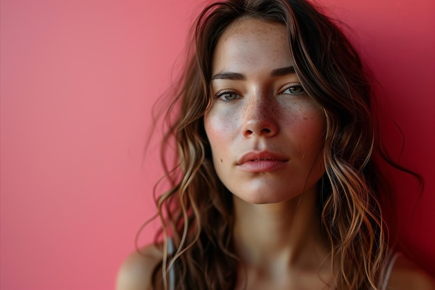 A woman with long hair and freckles against a pink wall