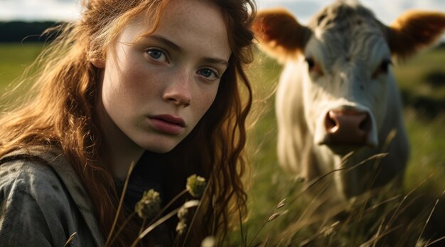 a woman with long hair and freckles in a field with a cow