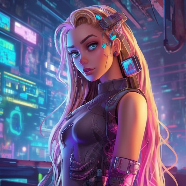 Photo a woman with long hair and a futuristic outfit standing in front of a neon city generative ai