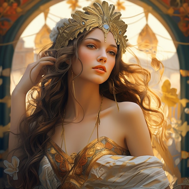 перед окном стоит женщина с длинными волосами и золотой короной.