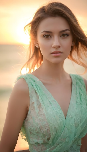 a woman with long hair and a green dress is standing in front of a sunset