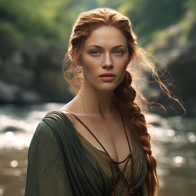 a woman with long hair and a green dress with a long braid