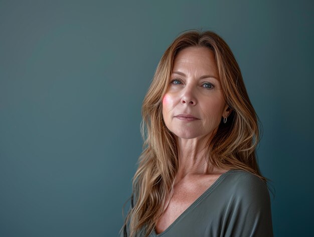 A woman with long hair and a green shirt