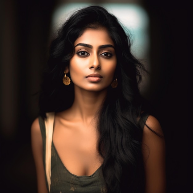 a woman with long hair and a green tank top