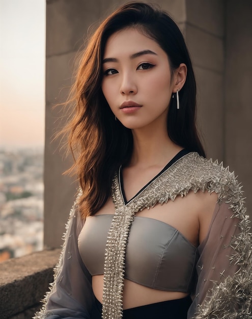 A woman with long hair and a grey top stands in front of a cityscape