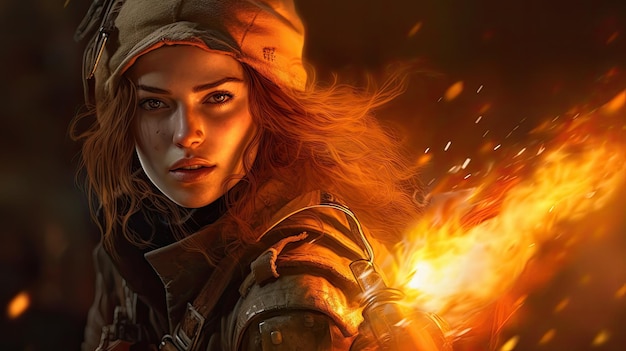 A woman with long hair and hat holding a fire