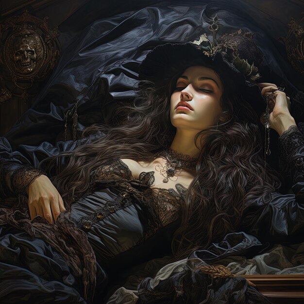 a woman with long hair and a hat is laying on a bed