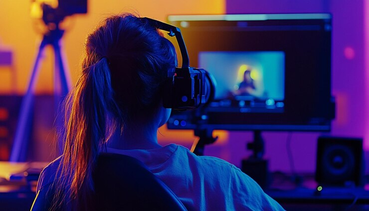 Photo a woman with long hair in a headset is watching a tv