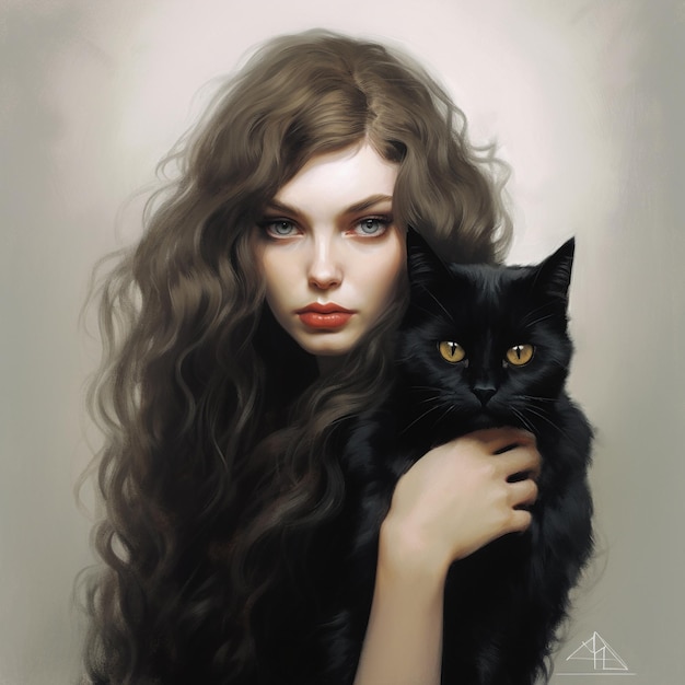 Premium AI Image | a woman with long hair holding a black cat.