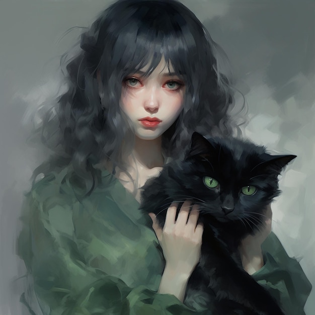 a woman with long hair holding a black cat.