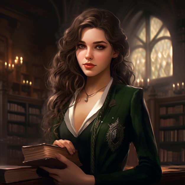 Premium AI Image | a woman with long hair holding a book in her hands