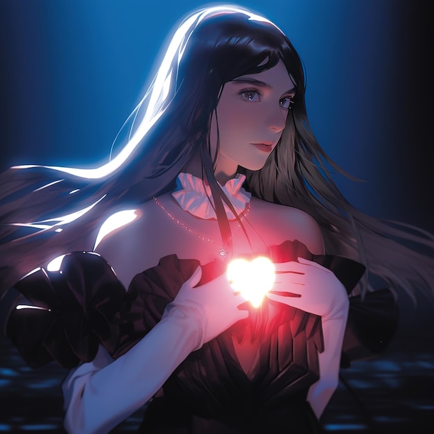 A woman with long hair holding a glowing heart in her hands.