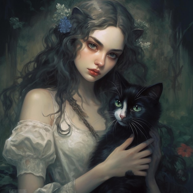 a woman with long hair holds a black cat.