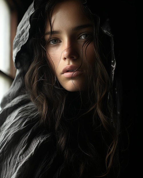 a woman with long hair and a hood is looking into the camera