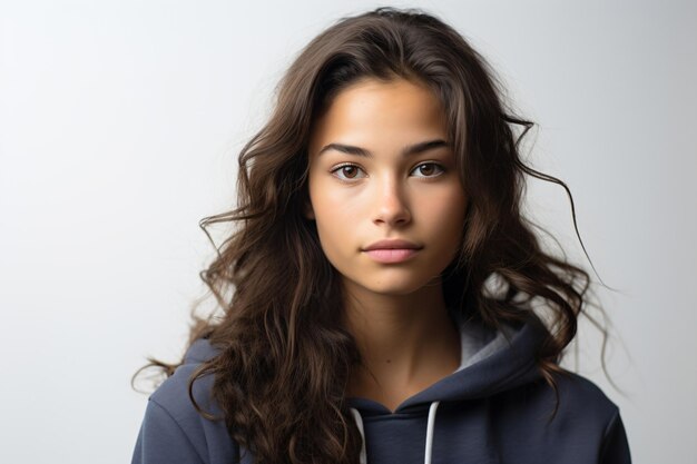 a woman with long hair and a hoodie