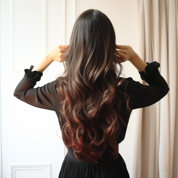 A woman with long hair is combing her hair with a black dress.