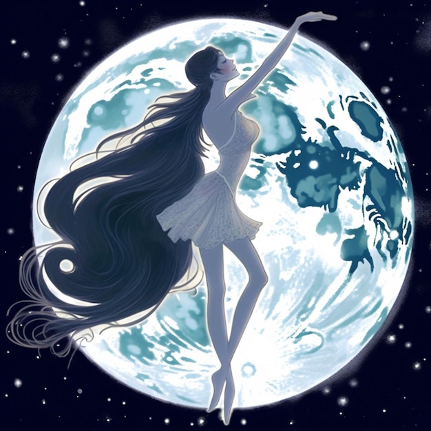 A woman with long hair is dancing in front of a moon.