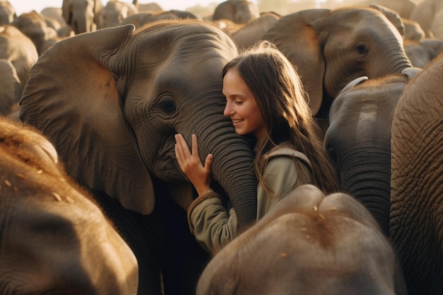 Photo a woman with long hair is kissing an elephant with her mouth open.