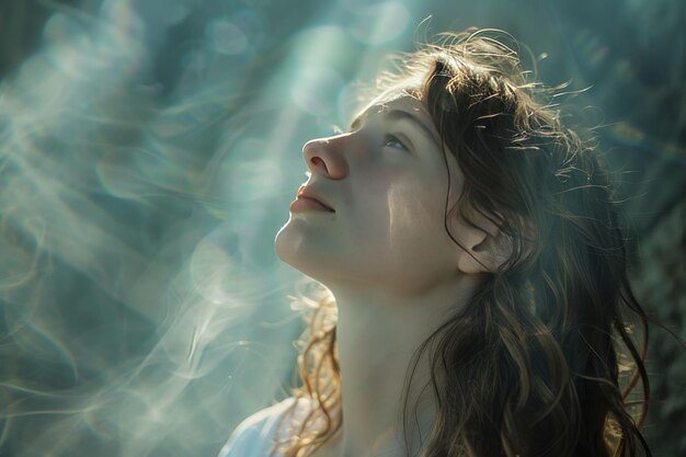 A woman with long hair is looking up at the sky