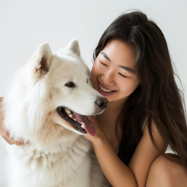 a woman with long hair is petting a dog