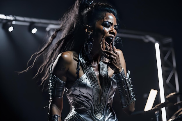 Photo a woman with long hair is singing in front of a stage with a microphone.