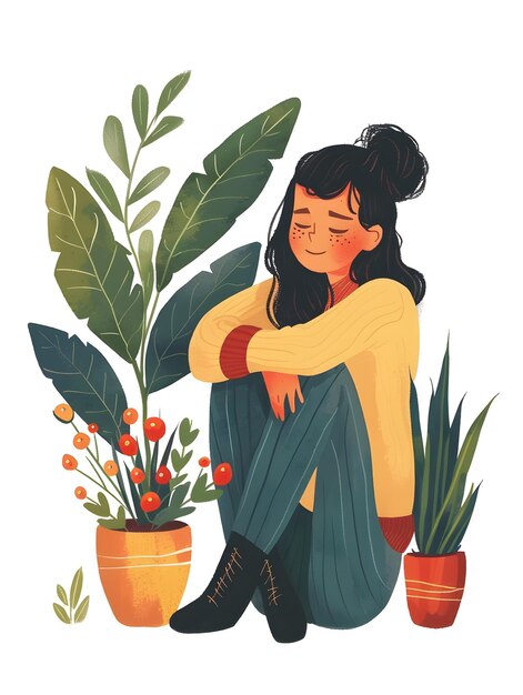 Photo a woman with long hair is sitting next to potted plants