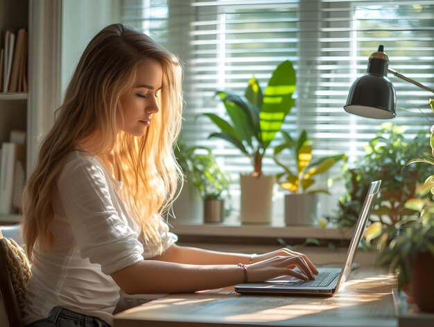 A woman with long hair is sitting at a table using a laptop