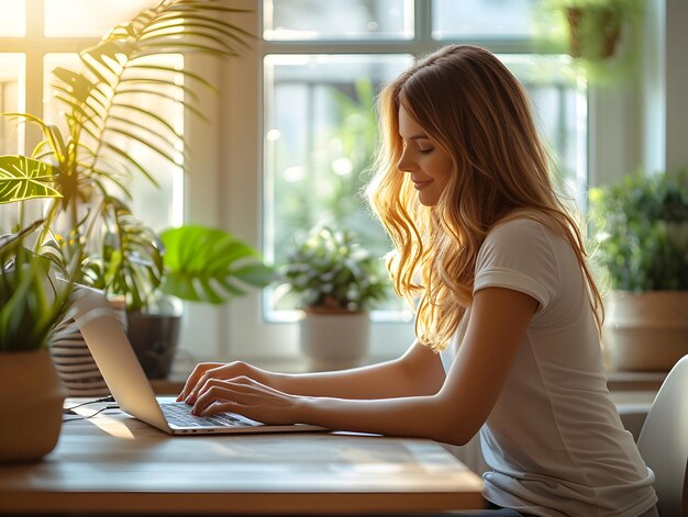 A woman with long hair is sitting at a table using a laptop