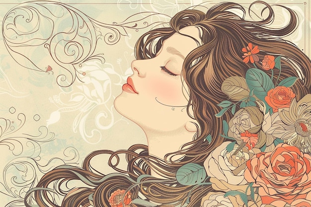 長いの女性が花のフレームで眠っている