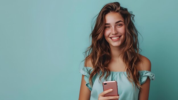 Photo a woman with long hair is smiling and holding a phone