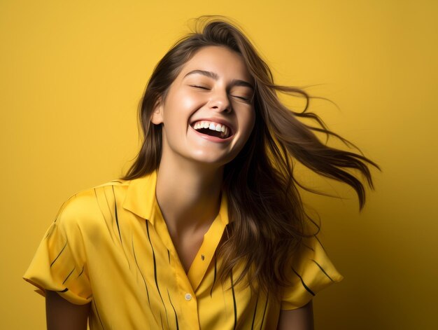 A woman with long hair is smiling and laughing while wearing bright clothing